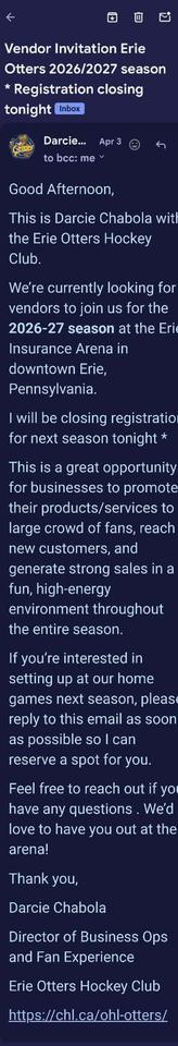 Erie Otters Scam Email